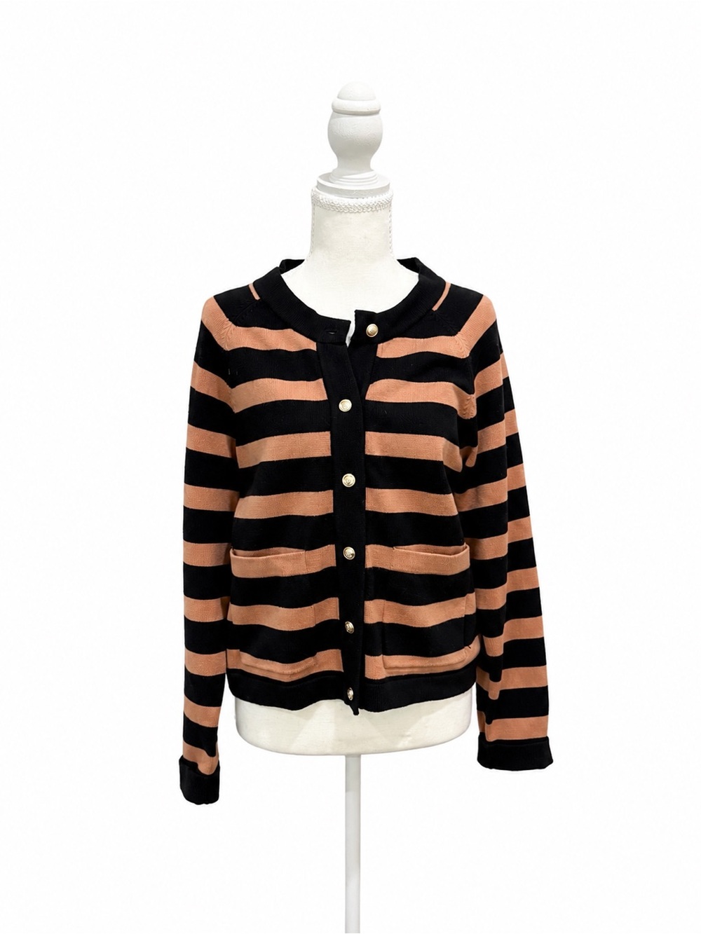 Evereve Black & Tan Striped Cardigan Sweater Gold Button Medium